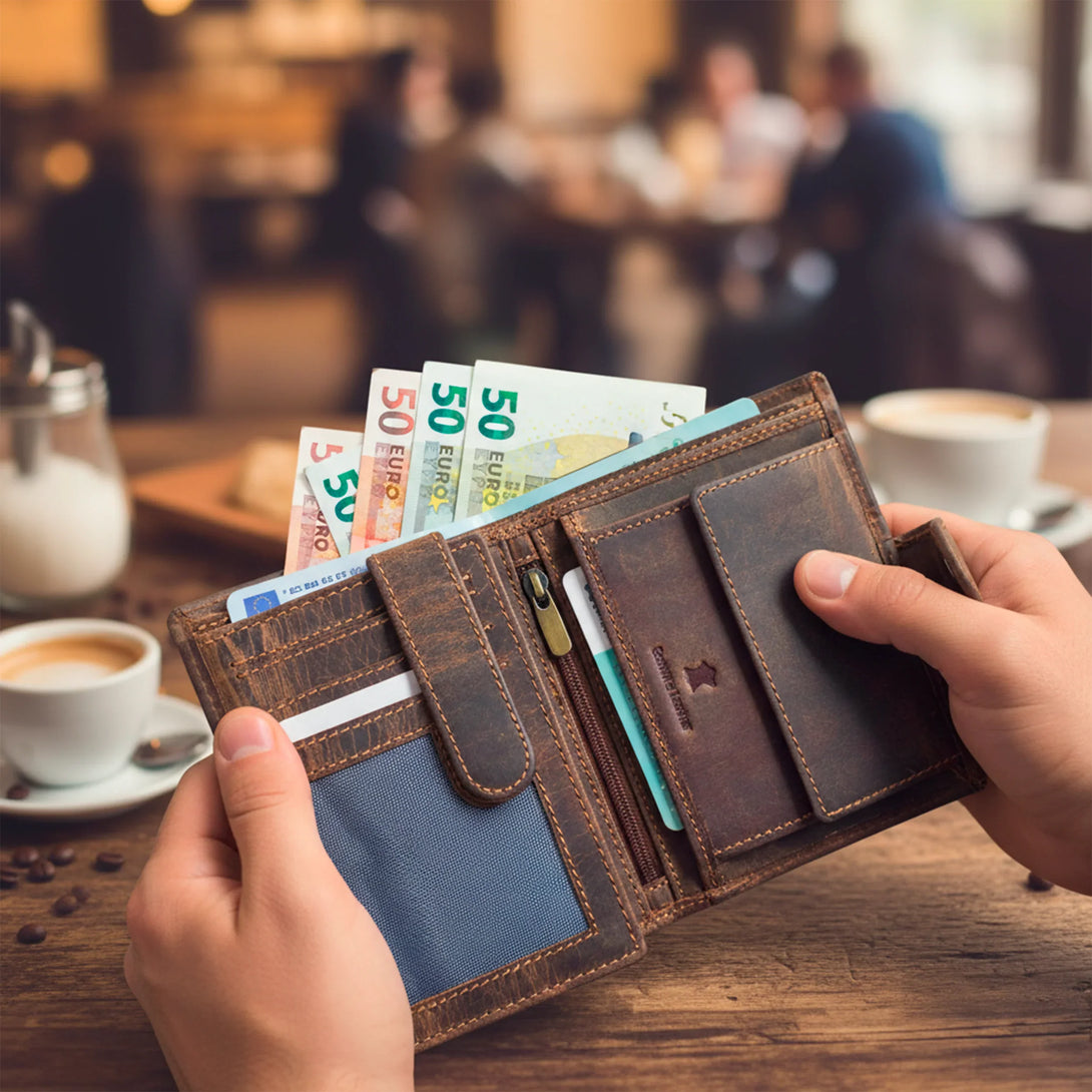 Personalized leather wallet for men holding euro bills and cards on wooden table with coffee cups