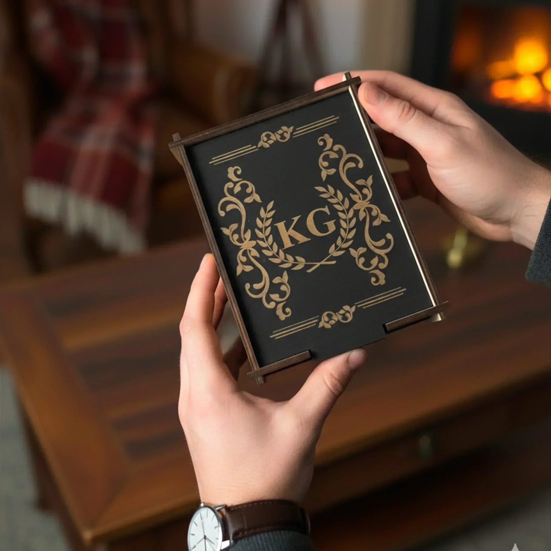 Personalized leather wallet and belt gift set for men with gold initials KG in wooden box