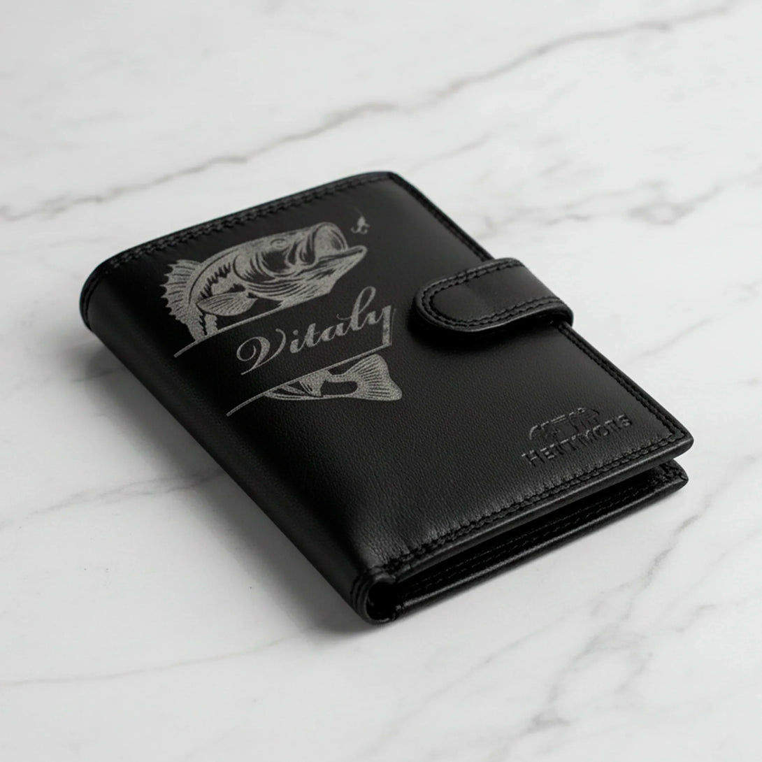 Personalized black leather wallet for men with fish engraving and name Vitaliy, stylish gift